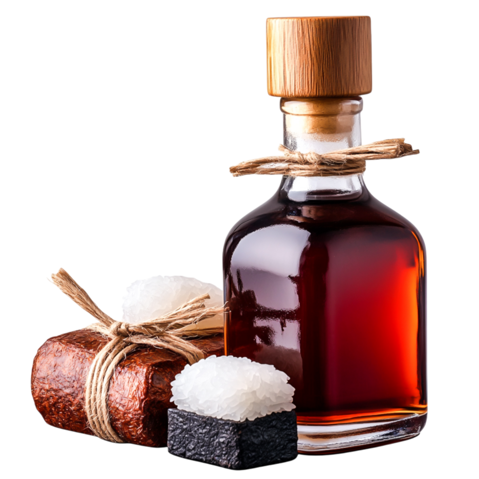 Dark glass bottle of syrup next to sushi and stacked ingredients on table png