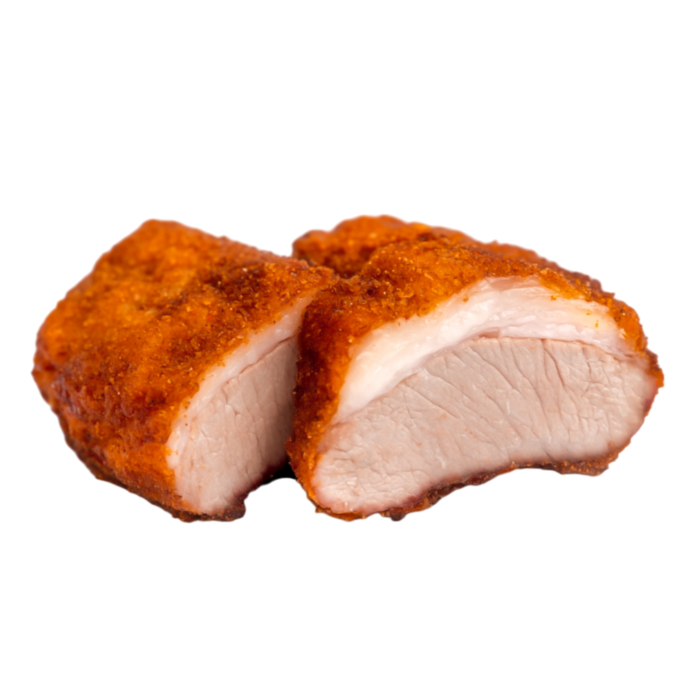 Juicy and Crispy Fried Chicken Breast Cut Pieces on Transparent Background png