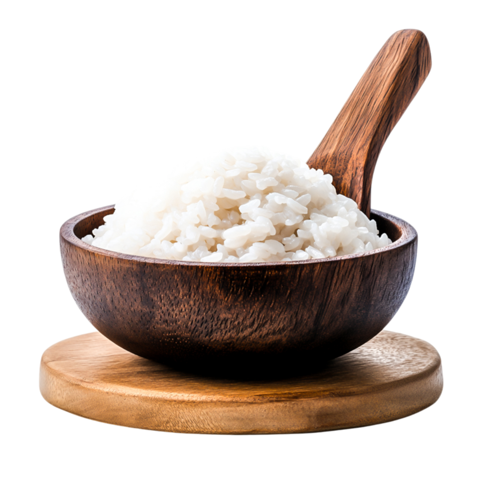 Bowl of Steamed White Rice on Wooden Plate with Natural Finish png