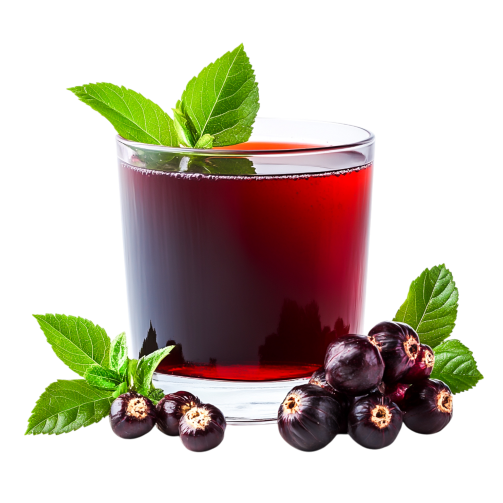 Refreshing Dark Berry Beverage with Fresh Green Leaves in a Glass png
