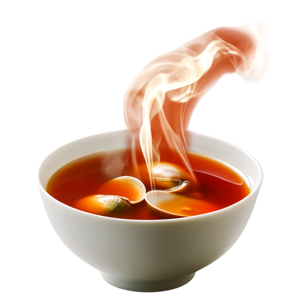 Steaming Bowl of Soup with Clams and Aromatic Steam Rising Above png