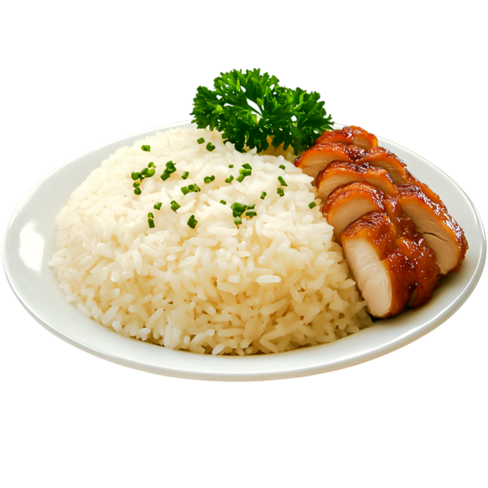Delicious Asian Chicken with Steamed Rice and Fresh Parsley Garnish png