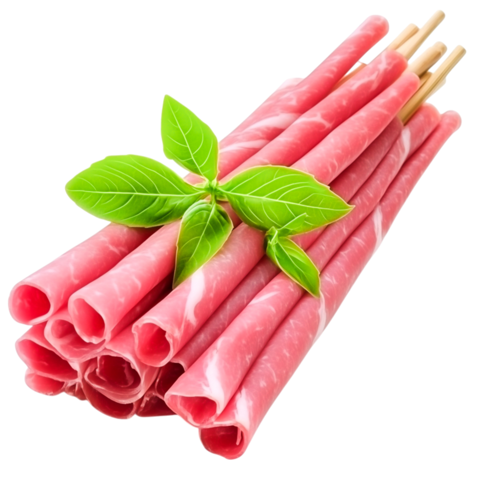 Freshly Rolled Prosciutto with Basil Garnish on png