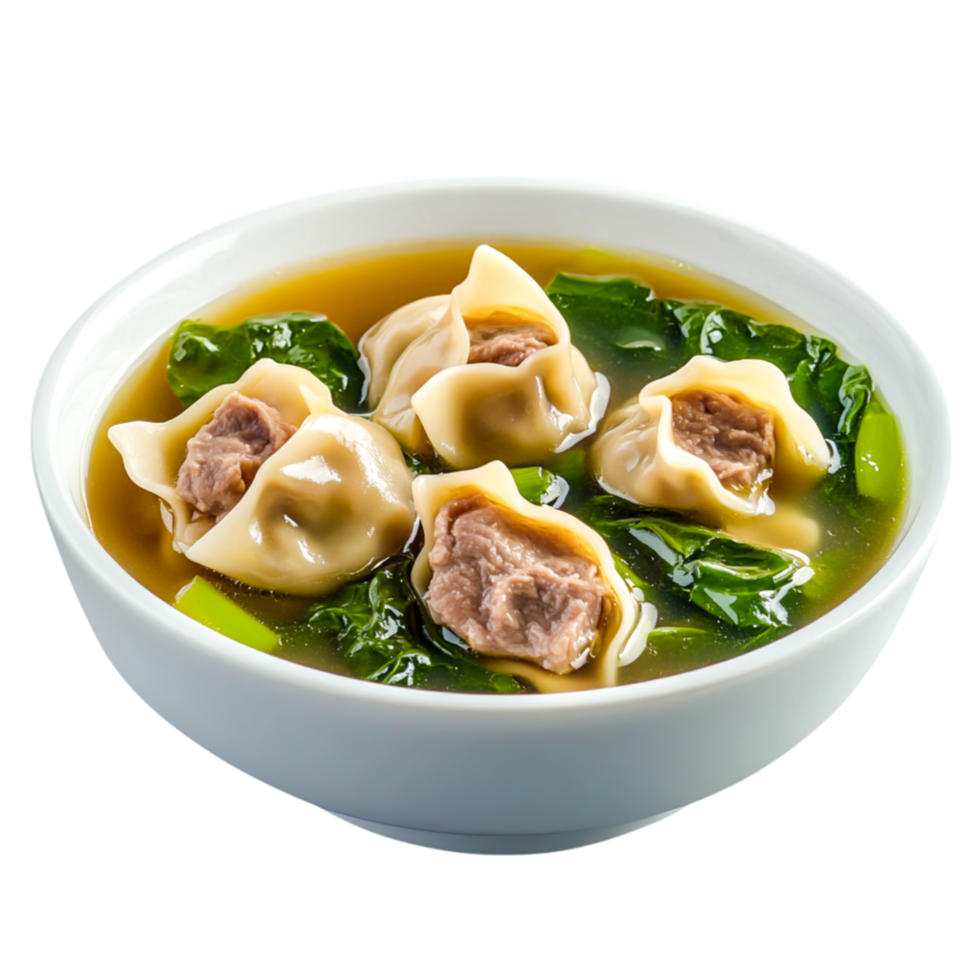 Delicious dumpling soup with fresh greens in a white bowl clean background png