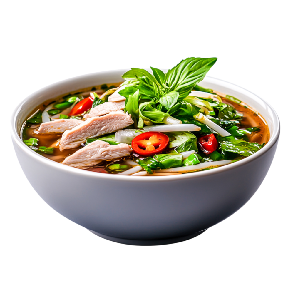 Delicious Vietnamese Pho Bowl with Fresh Herbs and Spicy Ingredients png