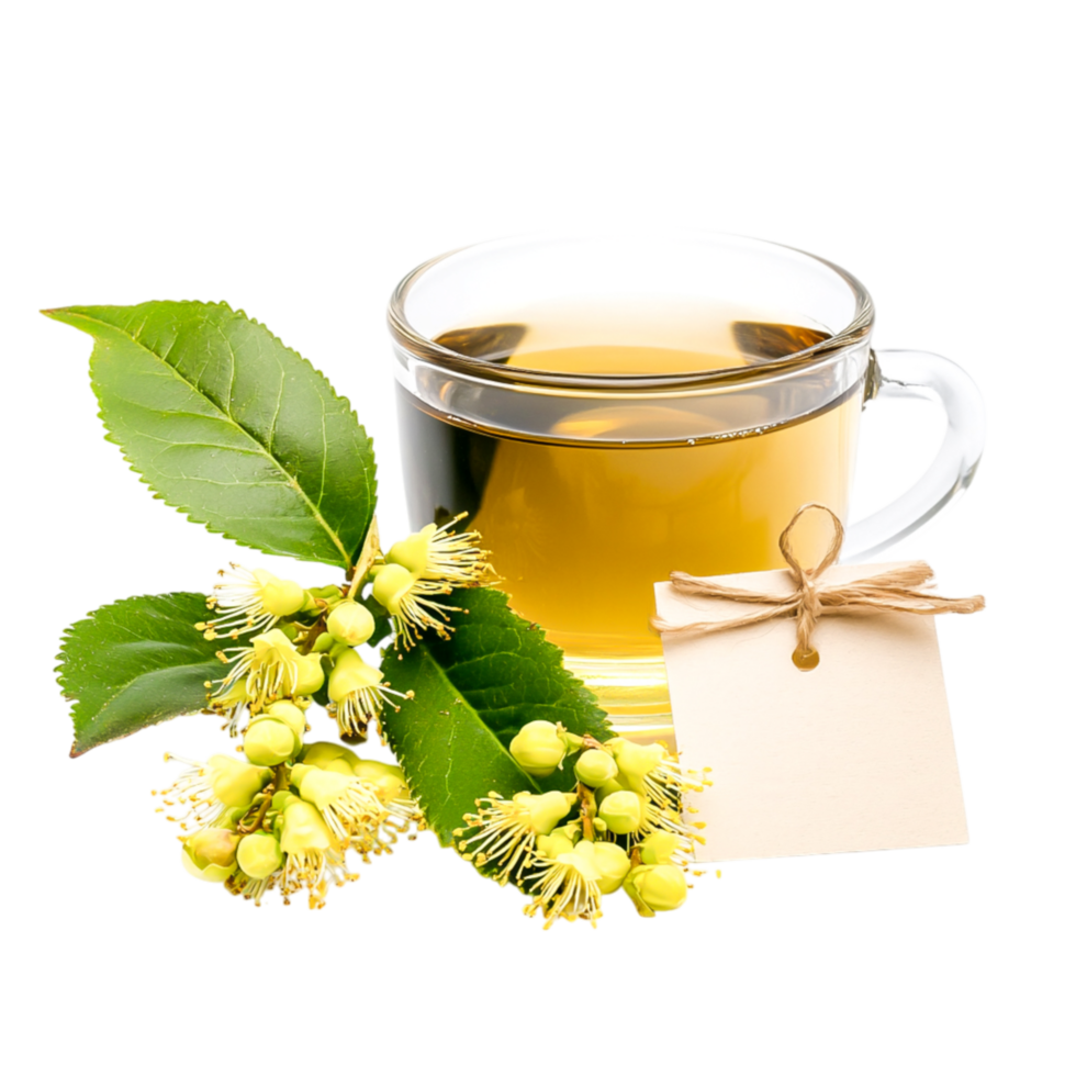 Herbal Tea with Fresh Leaves and Flowers in Clear Glass Cup png
