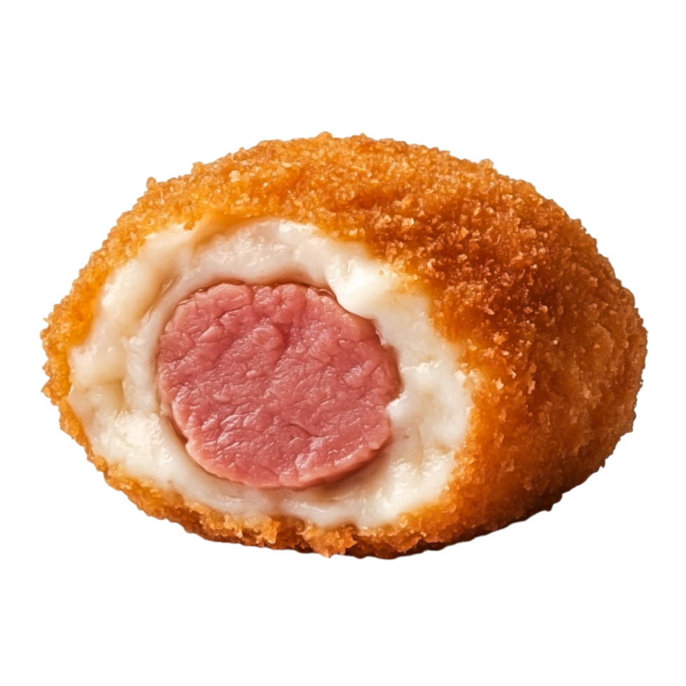 Delicious Crispy Coated Food Item with Meat and Creamy Filling closeup png
