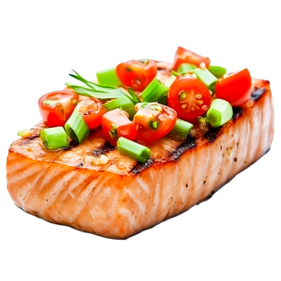 Grilled Salmon Fillet Topped with Chopped Vegetables and Herbs png