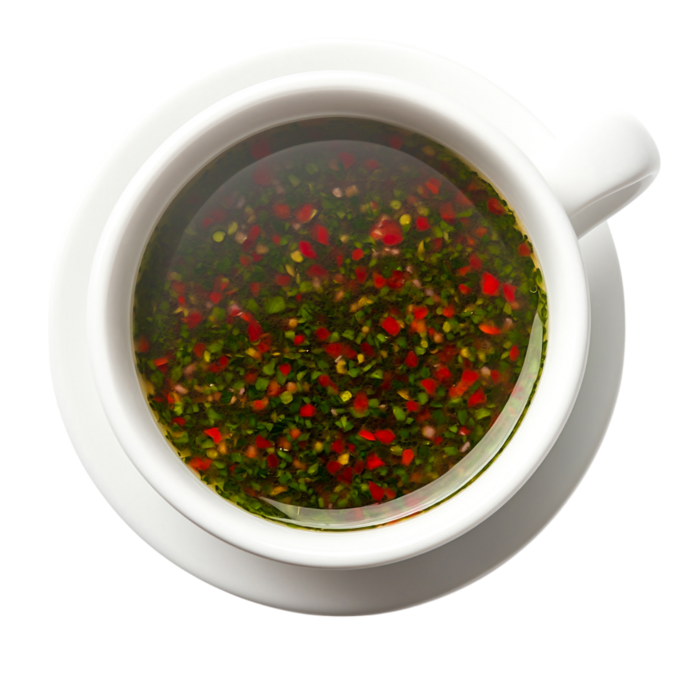 Fresh Herbal Infusion with Colorful Spices in a White Cup Saucer png