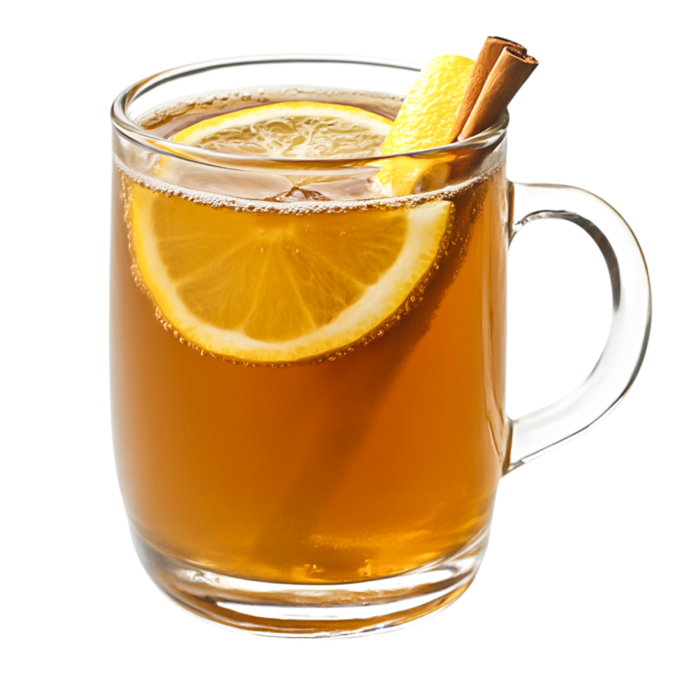 Warm Herbal Beverage with Lemon Slice and Cinnamon Stick in Clear Mug png