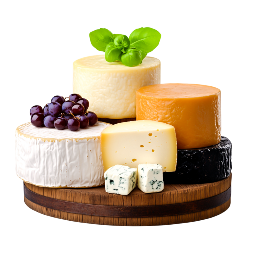 Assorted Cheese Selection with Grapes and Fresh Basil on Wooden Board png