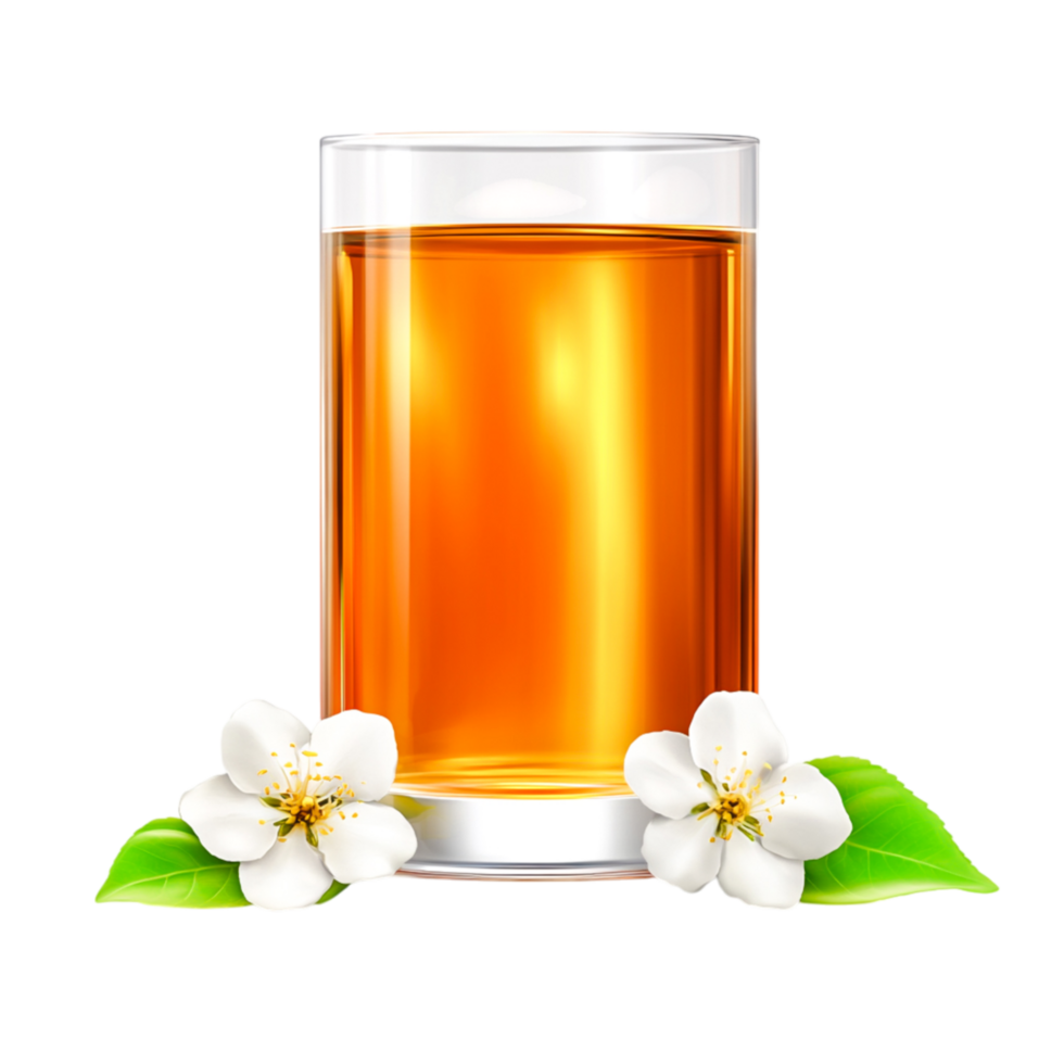 Glass of Herbal Tea with White Flowers and Green Leaves png
