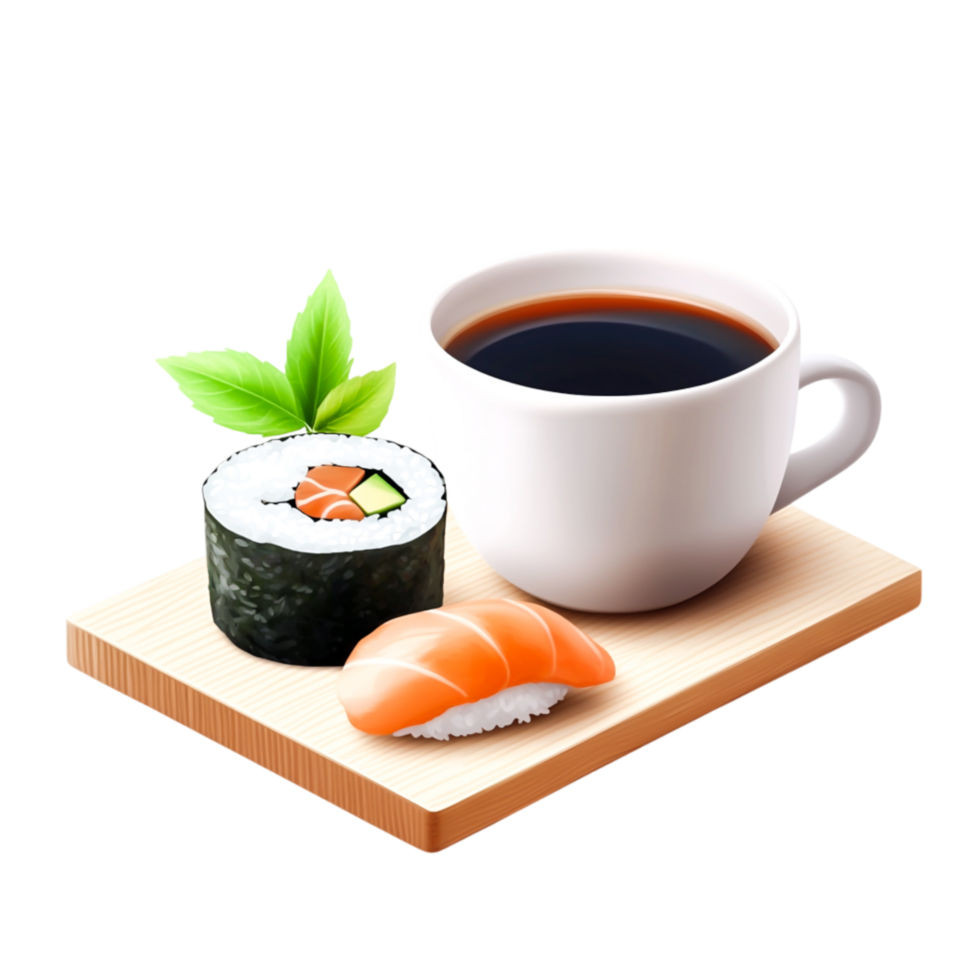 Fresh Sushi Rolls with Green Leaf and Coffee Cup Wooden Board png