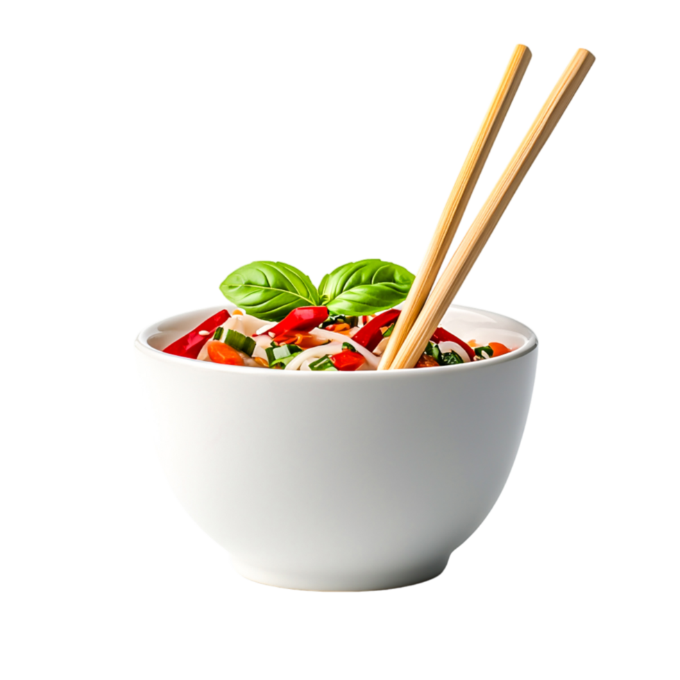 Fresh Colorful Vegetable Noodles in White Bowl with Chopsticks and Basil png