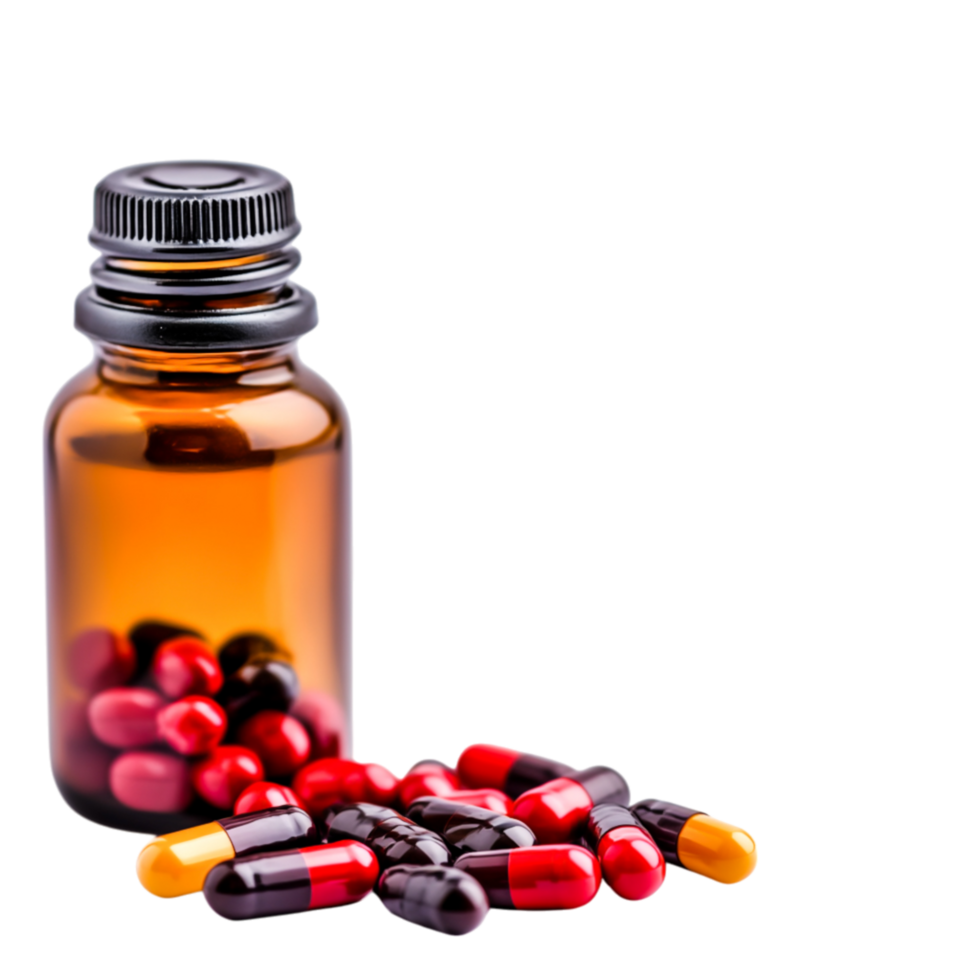 Colorful Capsules and Pills Next to Amber Glass Bottle on png