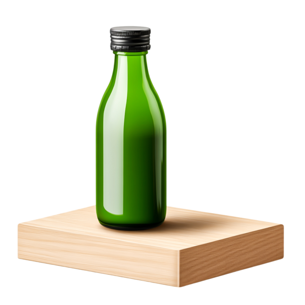 Green Juice Bottle on Wooden Block Background with Natural Light Effects png
