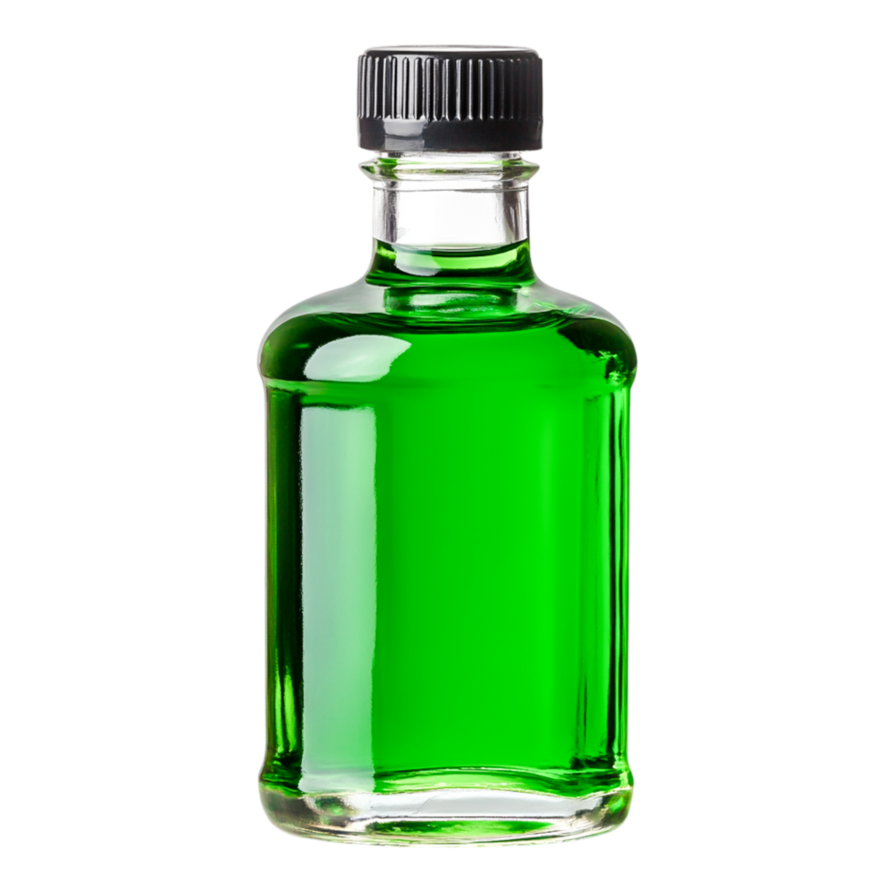Bright Green Liquid in Clear Glass Bottle with Black Cap for Creative Uses png