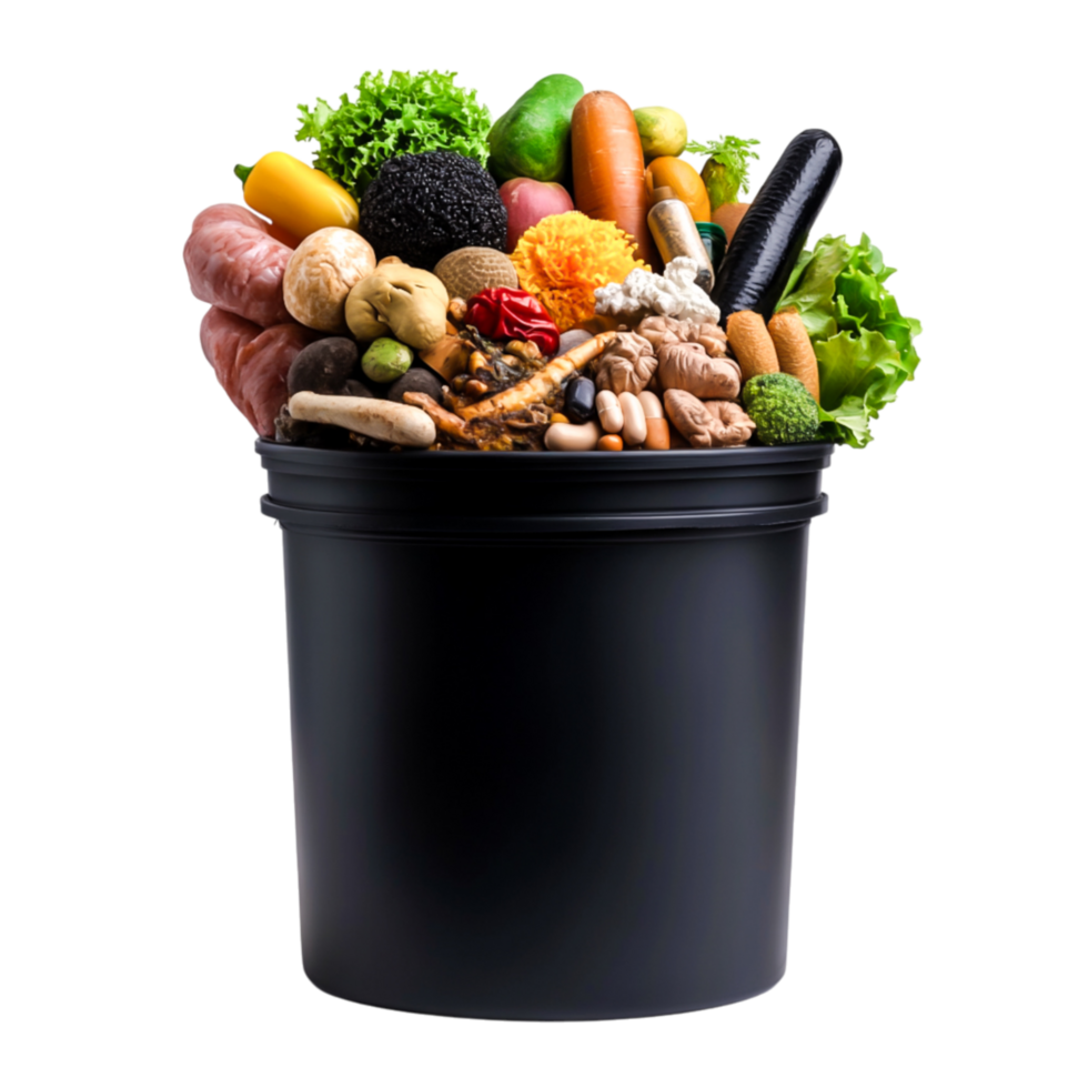 Fresh Vegetables and Fruits in Black Trash Bin Highlighting Food Waste Issue png
