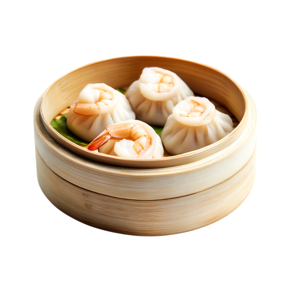 Freshly Steamed Shrimp Dumplings in Traditional Bamboo Steamer Basket png