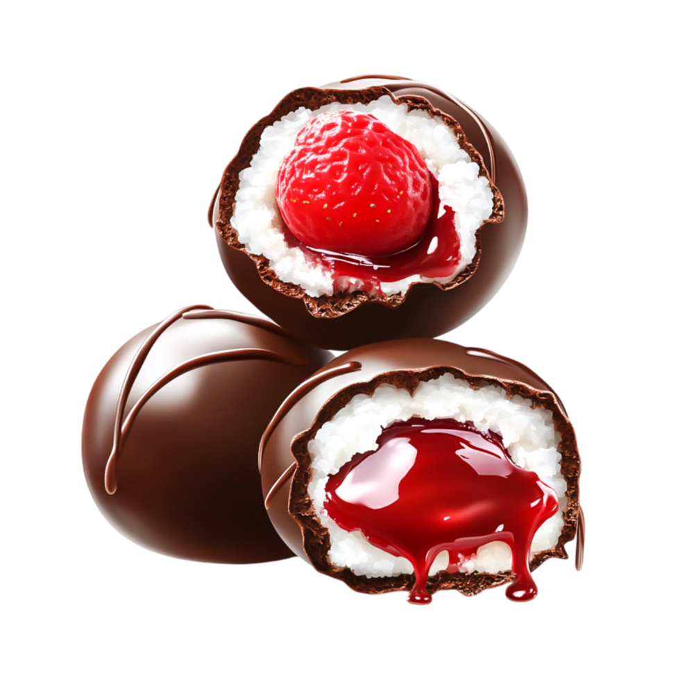 Delicious Chocolate Truffles with Raspberry Filling and Coconut Layering png