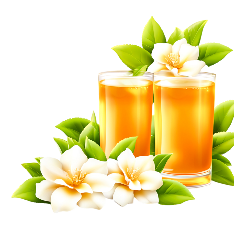 Refreshing Citrus Beverage with Jasmine Flowers and Green Leaves Arrangement png