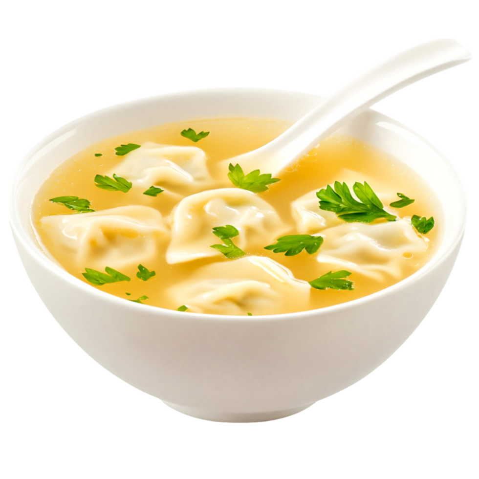 Fresh Dumpling Soup with Broth and Green Herbs in White Bowl png