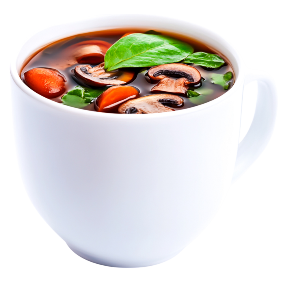 Warm Vegetable Soup with Mushrooms and Fresh Herbs in White Cup png