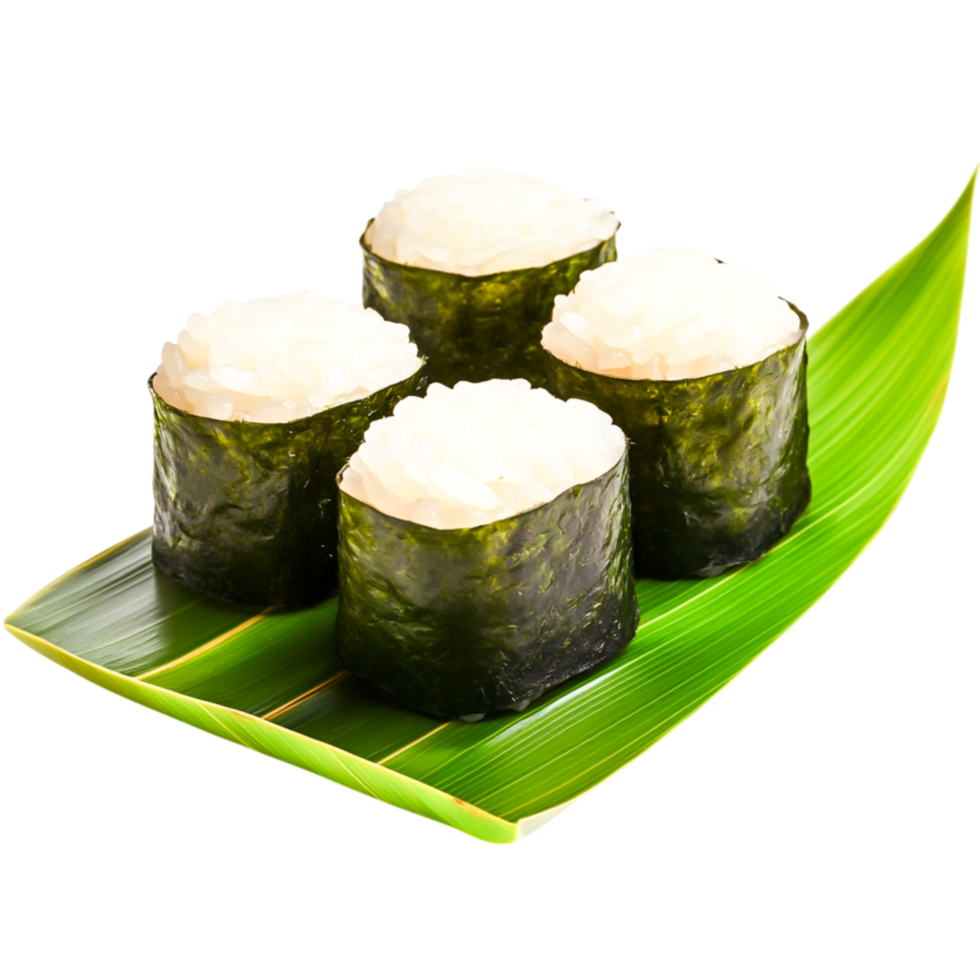 Fresh Sushi Rolls on Green Leaf Plate with White Rice and Seaweed Wrap png
