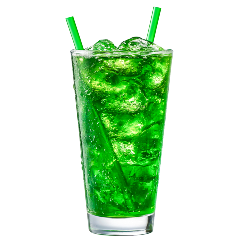 Refreshing Green Beverage with Ice and Straws in Clear Glass png
