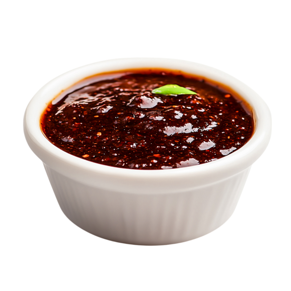 Spicy Chili Sauce in White Ceramic Bowl with Fresh Basil Leaf Garnish png