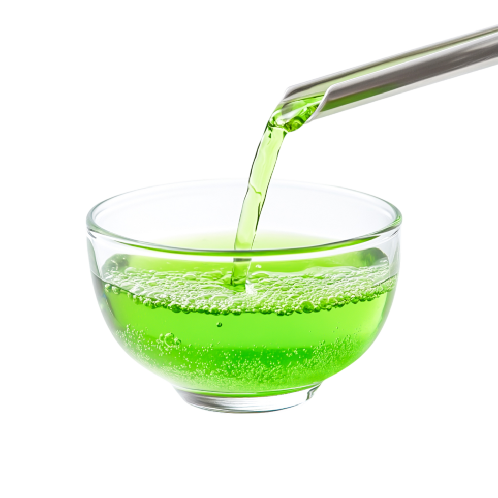 Bright Green Liquid Pouring Into Clear Bowl with Bubbles and Reflections png