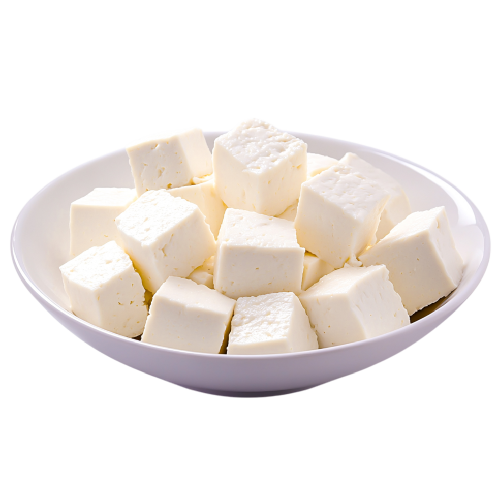 Fresh Cubes of Soft White Cheese White Plate Ready to Serve png