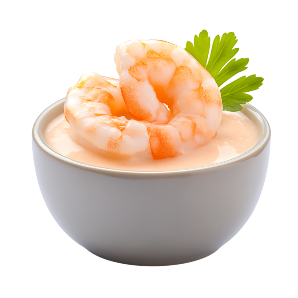 Fresh Shrimp Cocktail with Sauce and Garnish in White Bowl on png