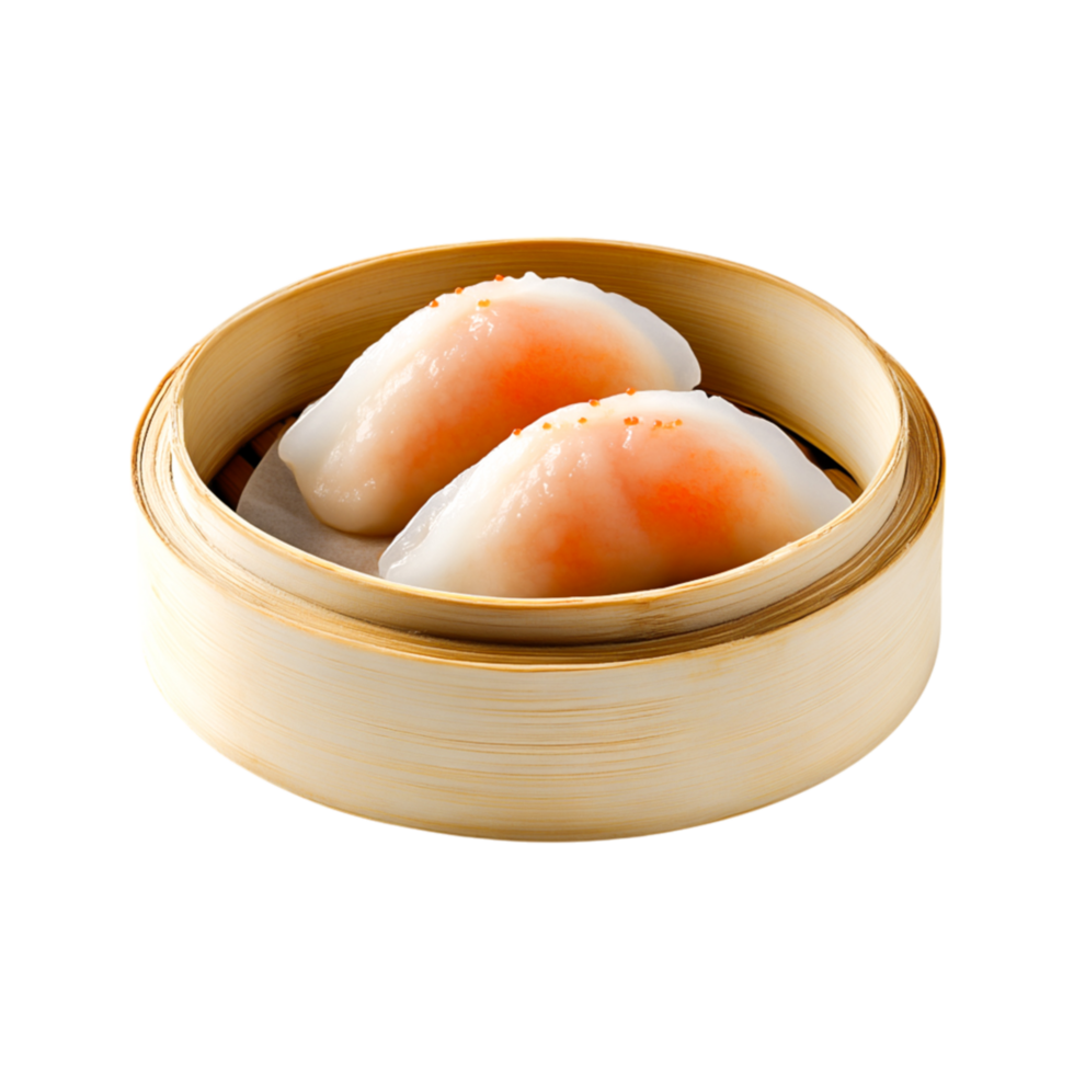 Delicious Steamed Dumplings in Bamboo Basket with Colorful Toppings png