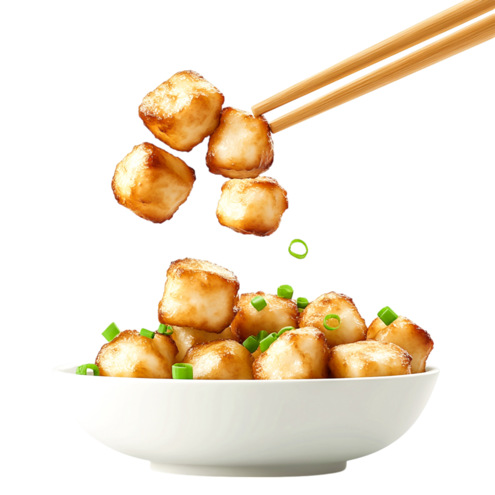 Delicious Crispy Fried Tofu with Green Onions on White Bowl Background png