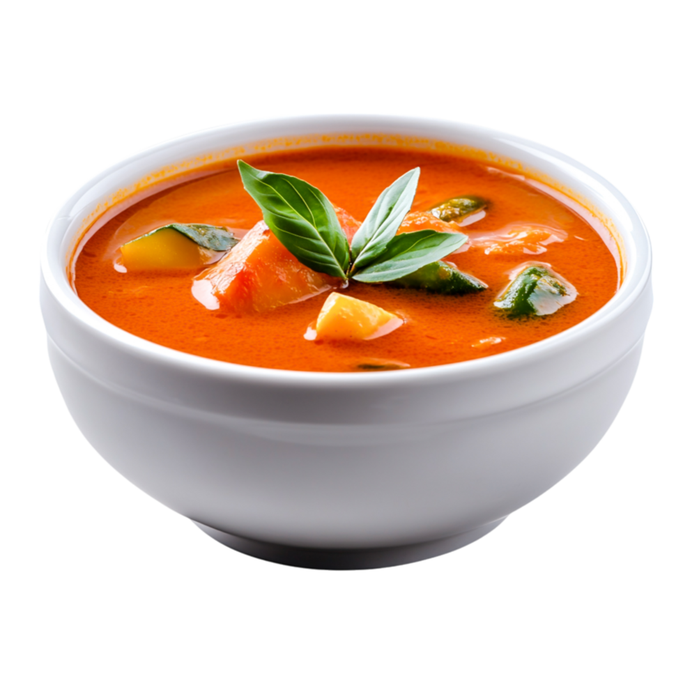 Delicious and Creamy Tomato Soup with Fresh Vegetables in White Bowl png