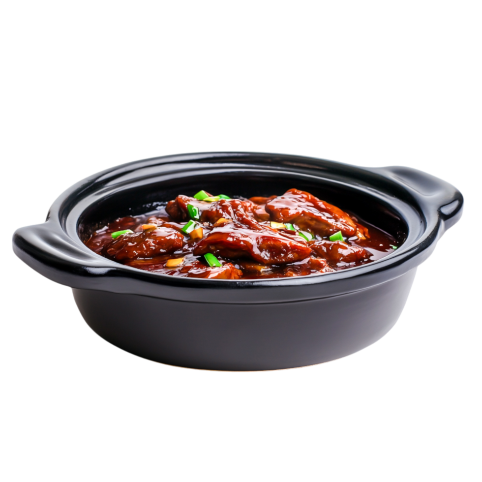 Delicious Braised Chicken in Sauce with Vegetables in Black Bowl png