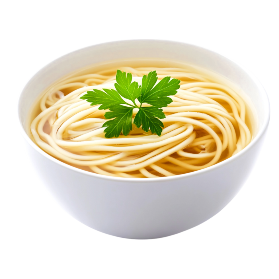 Delicious bowl of steaming noodle soup with fresh green herb garnish png