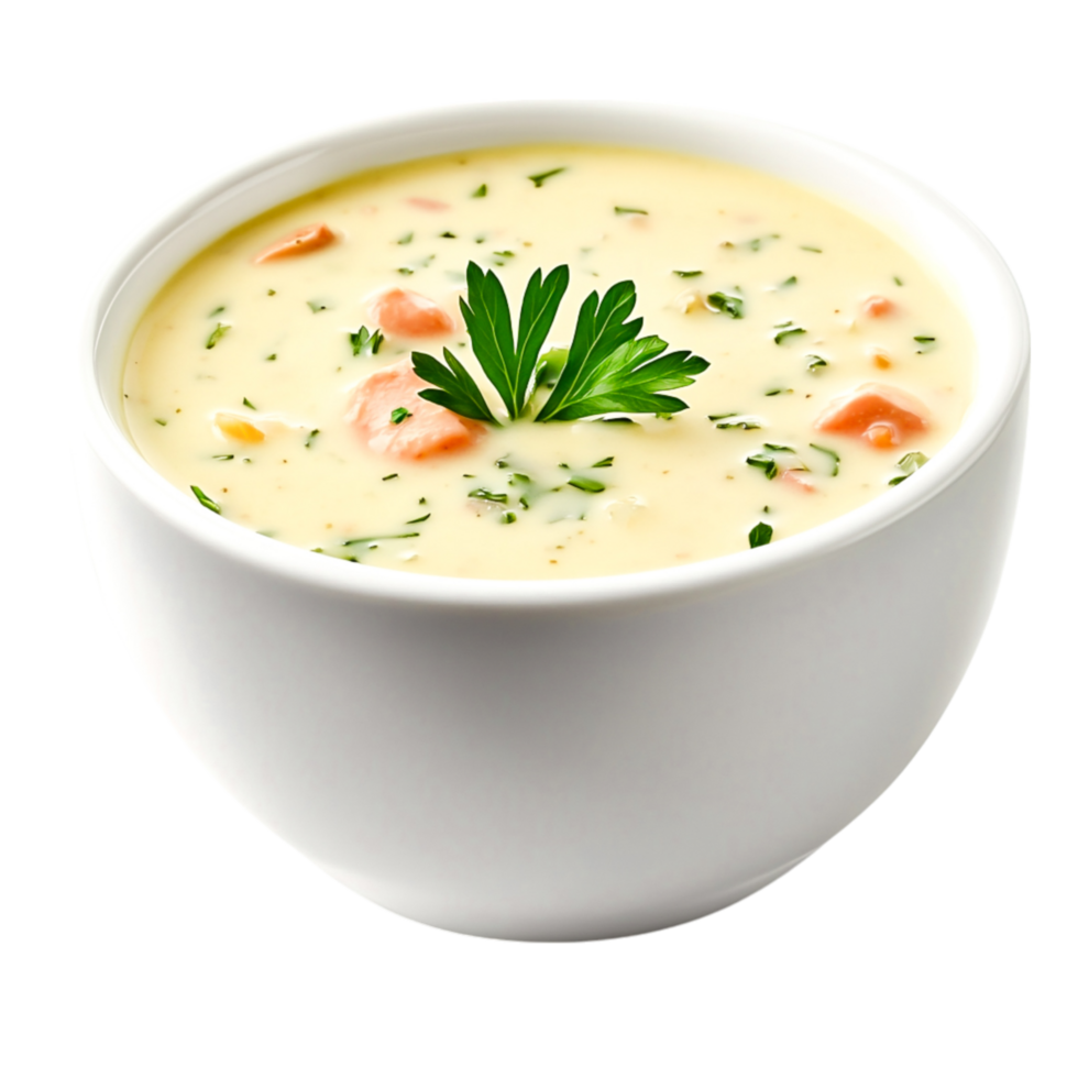 Creamy Soup with Vegetables and Herbs in a White Bowl on png