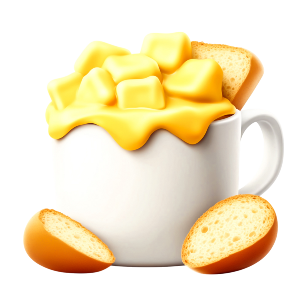 Delicious Cheese Snack in White Mug with Bread Slices png