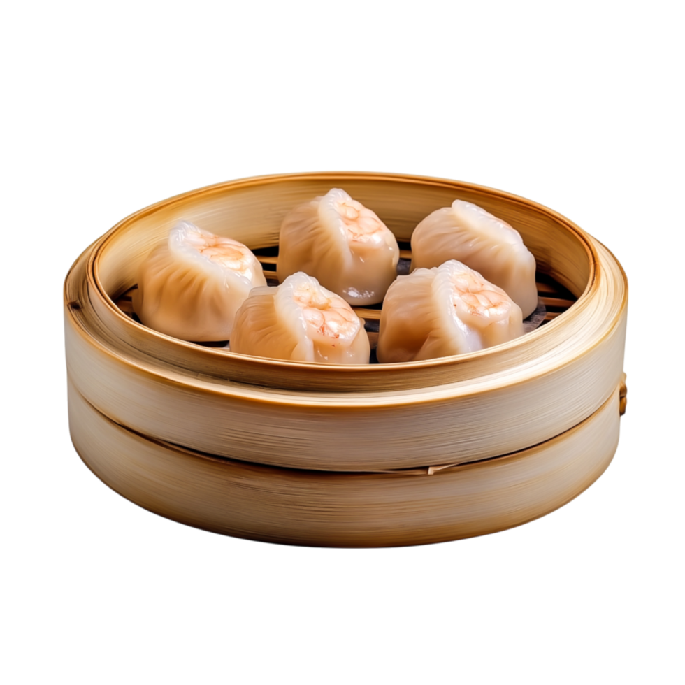 Steamed Dumplings in Bamboo Steamer with Shrimp Filling and Delicate Wrappers png