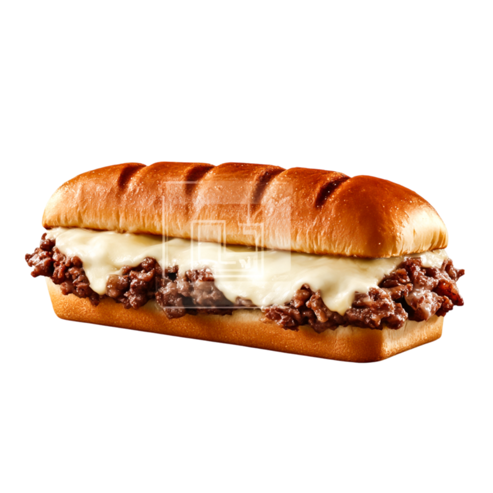 Delicious Meat Sandwich with Creamy Cheese on Fresh Roll png