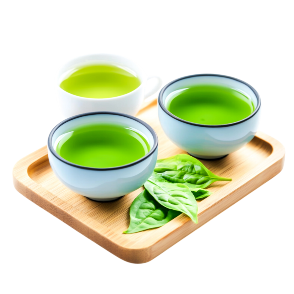 Fresh Herbal Green Tea in Elegant Bowls with Green Leaves on Wooden Tray png