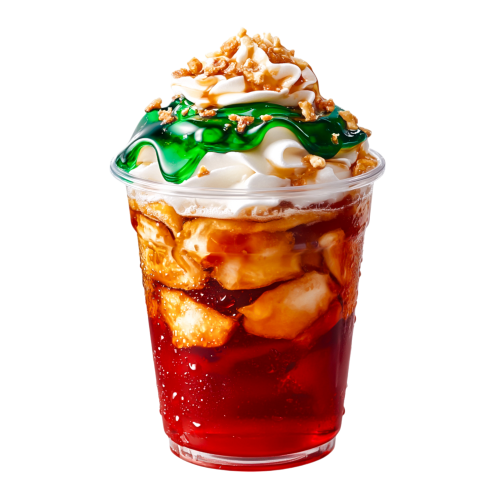 Colorful Dessert Beverage with Whipped Cream and Crunchy Topping png