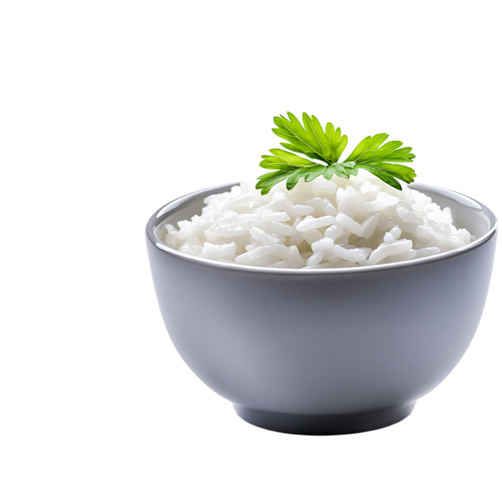 Fresh White Rice Bowl with Green Leaves Clean Background png