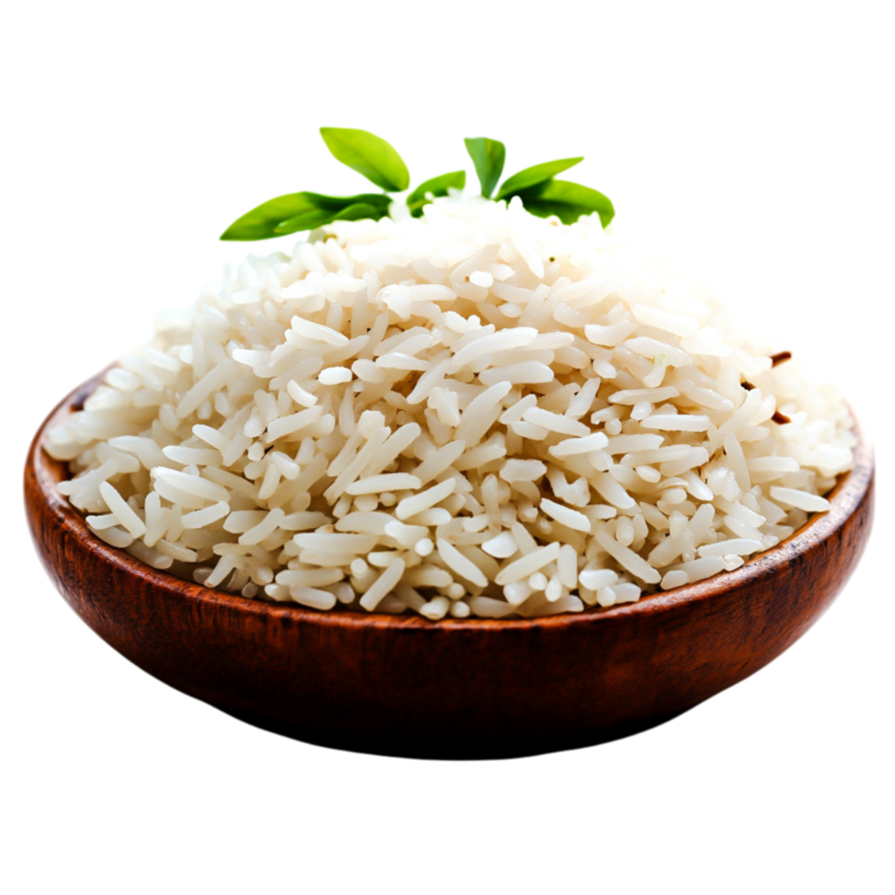 Freshly Cooked White Rice Served in a Wooden Bowl with Herbs png