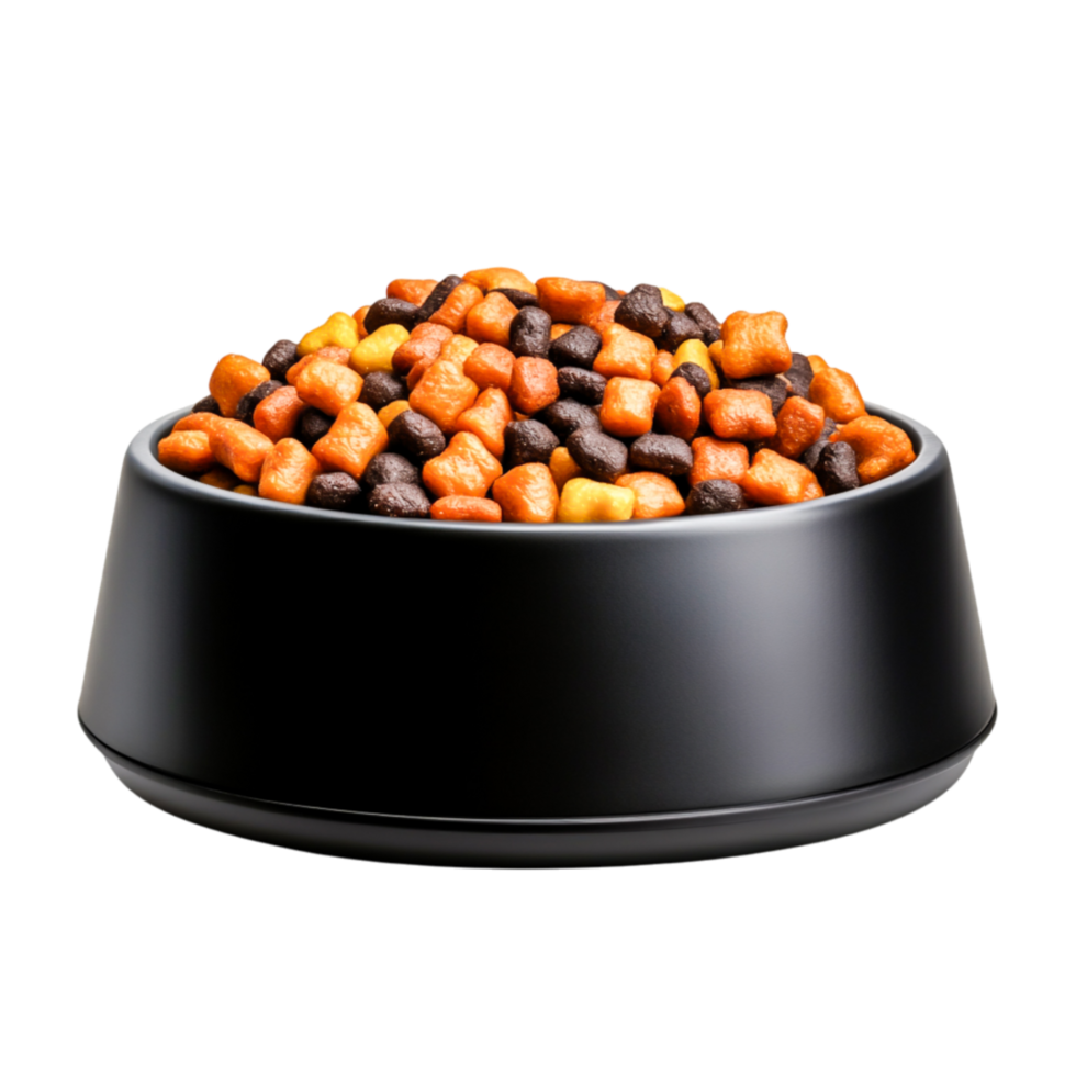 Pet Food Bowl Filled with Colorful Dry Kibble on png