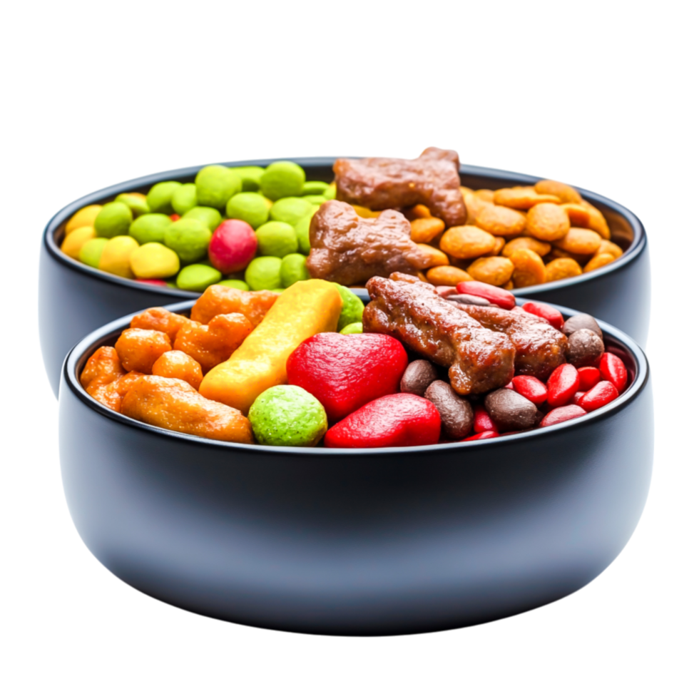 Colorful Assorted Pet Foods in Bowls for Pets and Animals Nutrition png