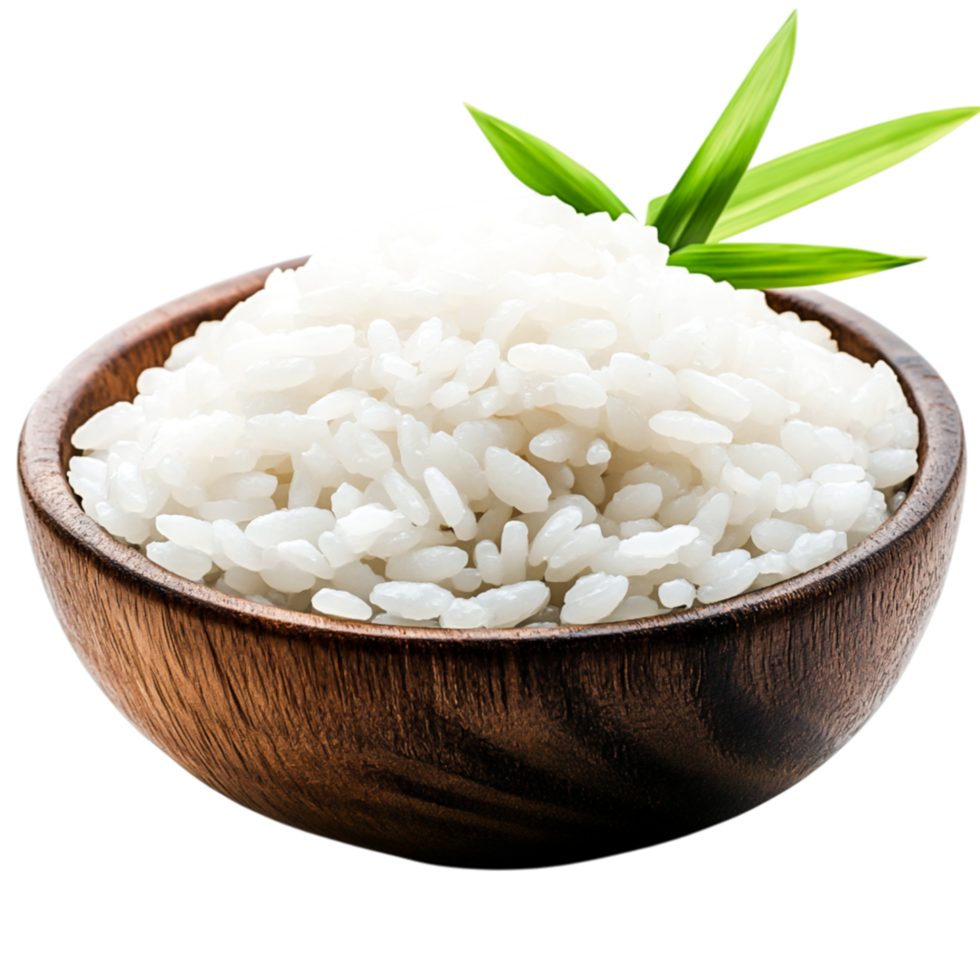 Steaming Bowl of White Rice with Green Garnish in Wooden Bowl png