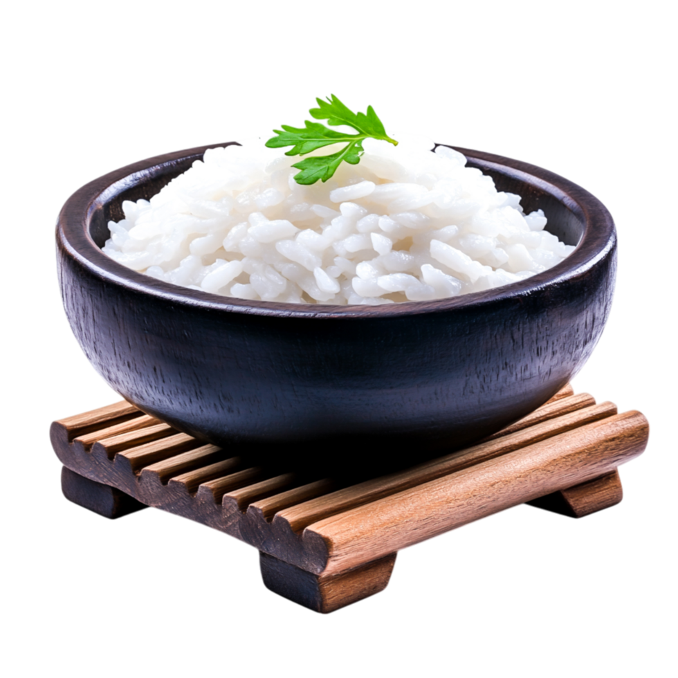 Fresh Cooked White Rice in a Bowl with Green Garnish png